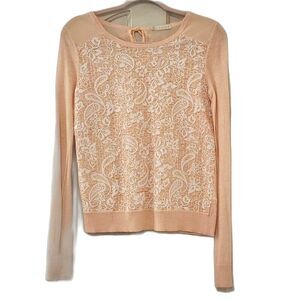 Hinge Pink Angora Blend Sheer Crepe Embroider Paisley Bow Back Sweater Top, Sz S